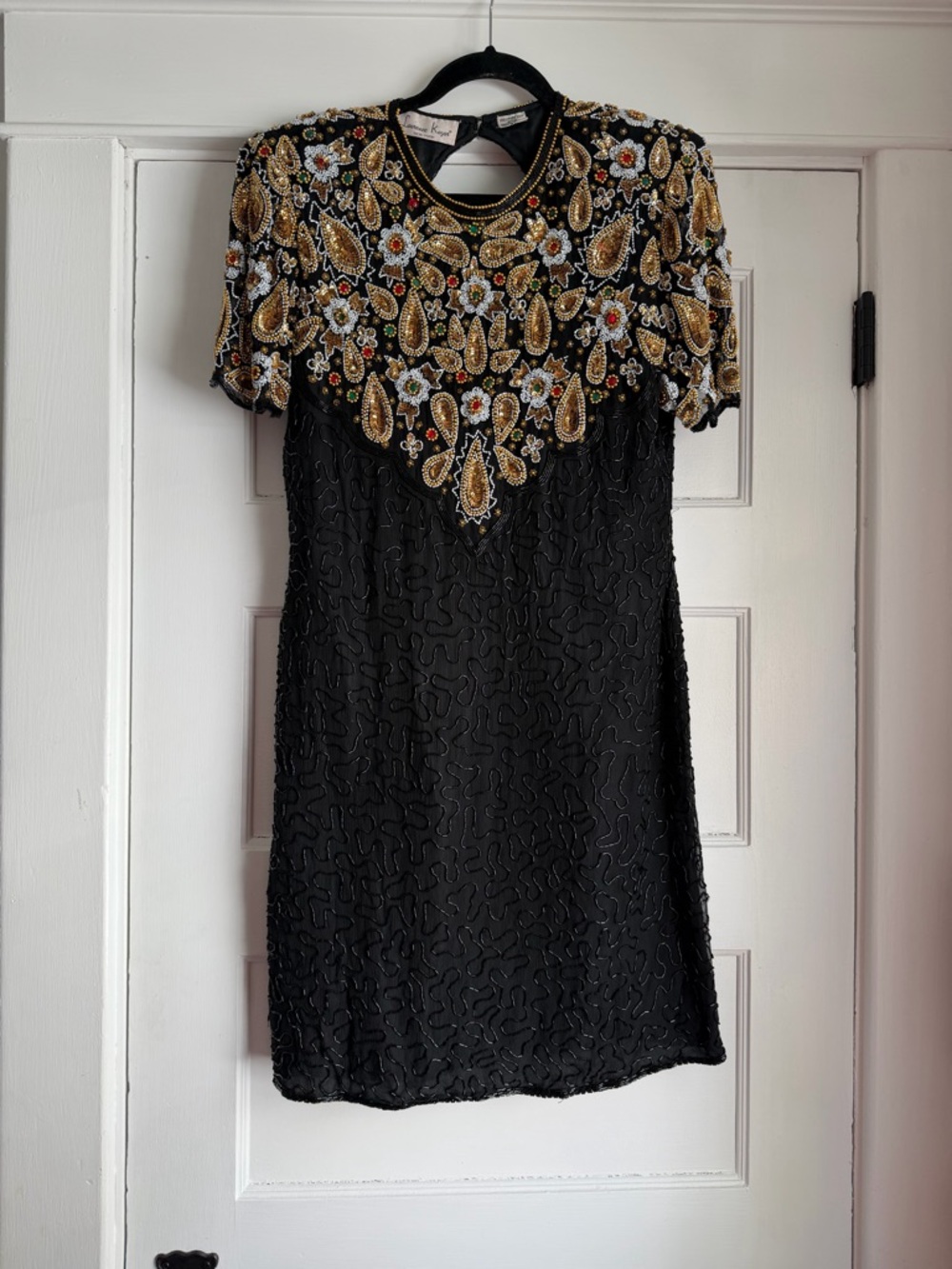 Laurence Kazar Vintage 100% Silk Heavily Beaded Cocktail Dress XL Black Gold